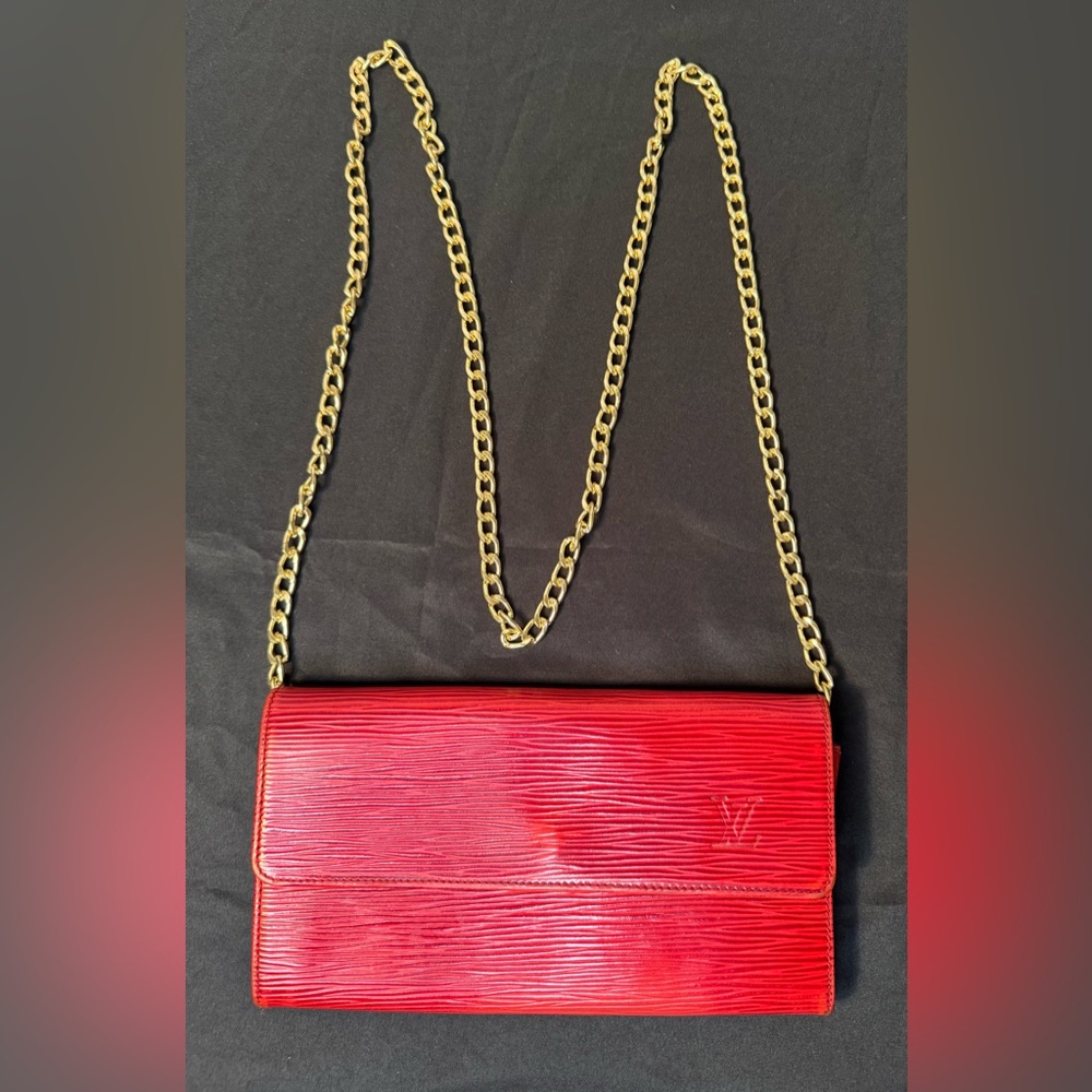 LV Louis Vuitton Red EPI Long Wallet w/ Unbranded Chain for Crossbody w/COA